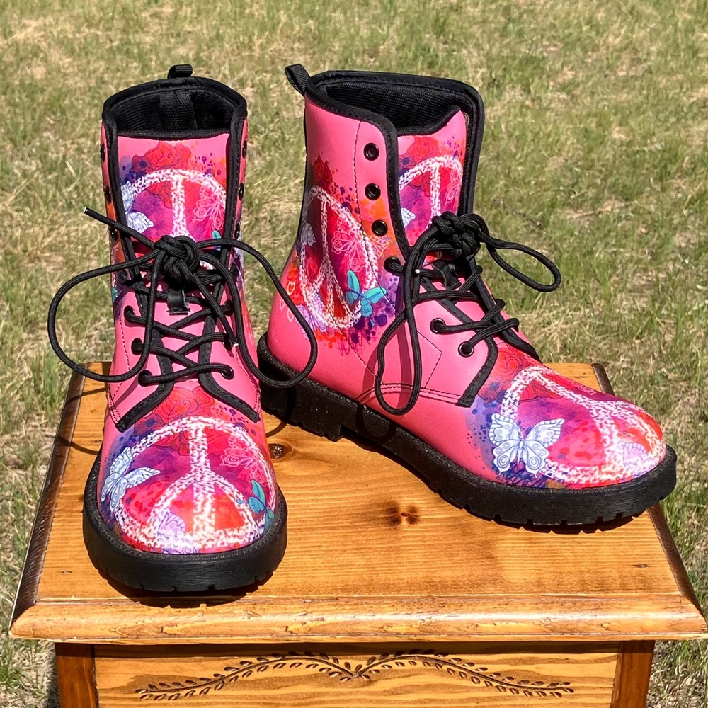 Pink Peace Sign Combat Boots with Butterfly Accents